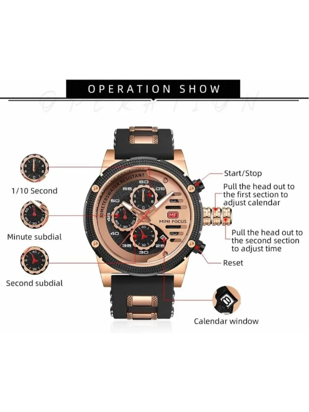Men's Rose Black Chronograph Waterproof Sport Military Analog Quartz Wristwatch